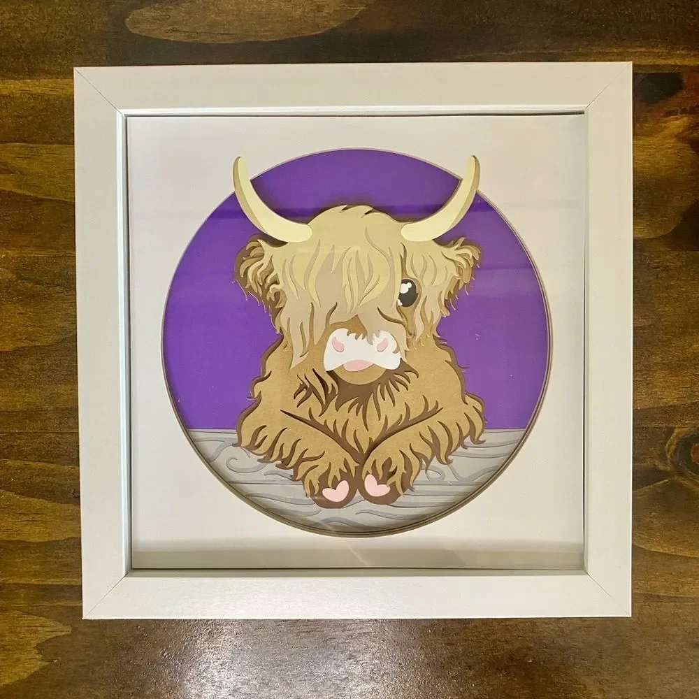 3D Purple Highland Cow On Log Shadowbox